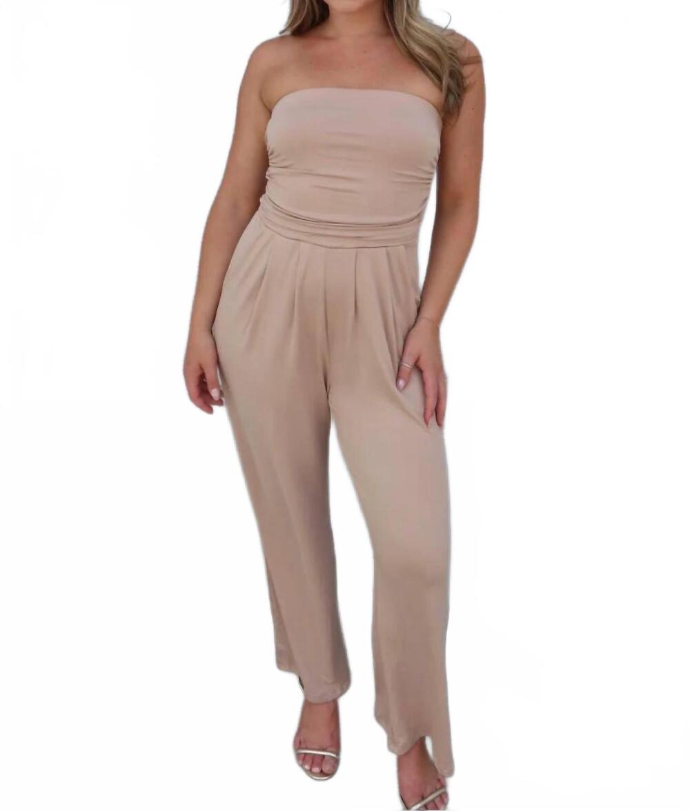 NEW HEART & HIPS strapless palazzo jumpsuit in taupe / sandstone